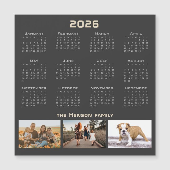 Year 2026 Calendar 3 Family Photo Collage  (Front)
