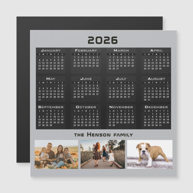 Year 2026 Calendar 3 Family Photo Collage  (Front/Back)
