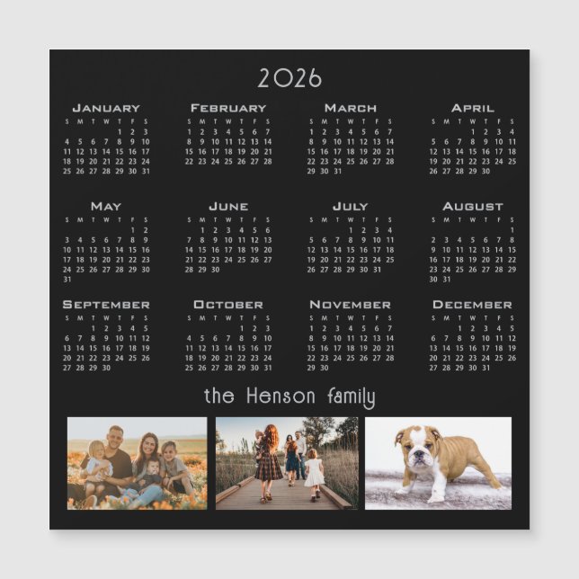 Year 2026 Calendar 3 Family Photo Collage Magnet (Front)