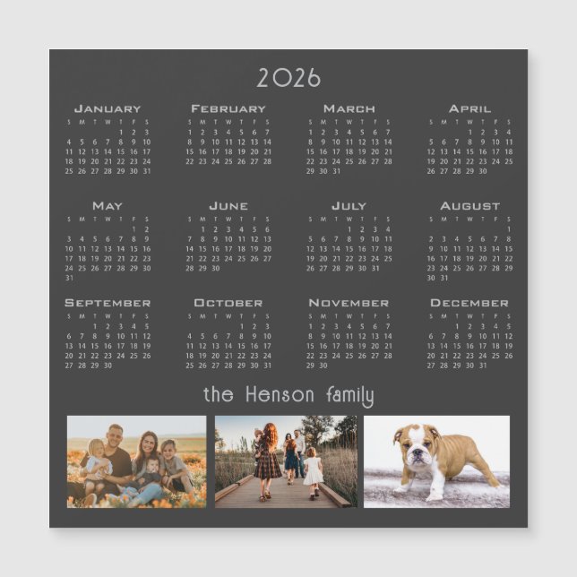 Year 2026 Calendar 3 Family Photo Collage Magnet (Front)