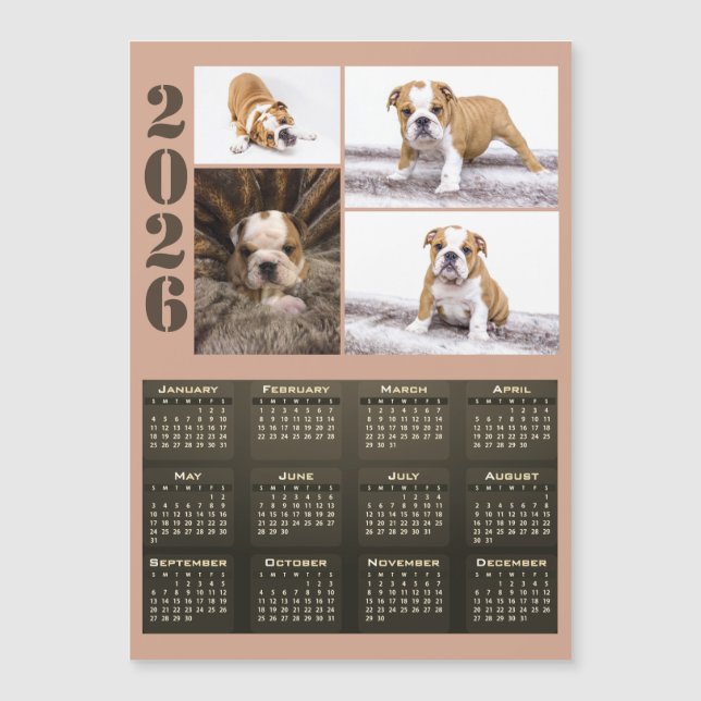 Year 2026 Calendar Dog Pet 4 Photo Collage Magnet (Front)