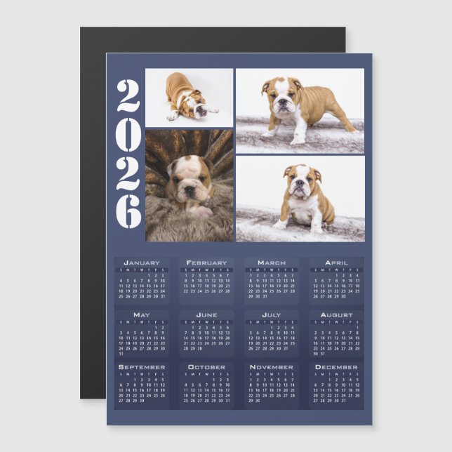Year 2026 Calendar Dog Pet 4 Photo Collage Magnet (Front/Back)