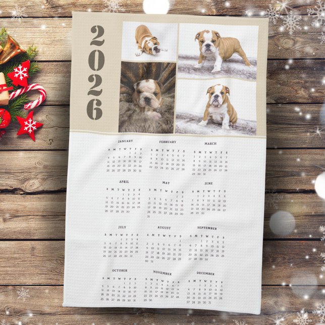 Year 2026 Calendar Dog Pet 4 Photo Collage Tea Towel (Creator Uploaded)