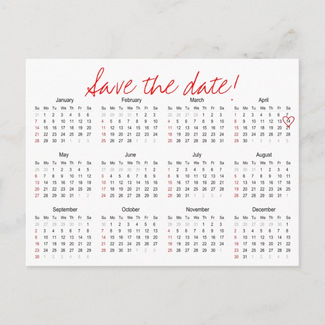 Year Calendar 2018 Save the Date Postcard (Front)