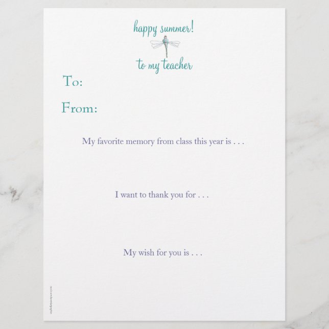 Year-end personalised teacher thank you -dragonfly (Front)