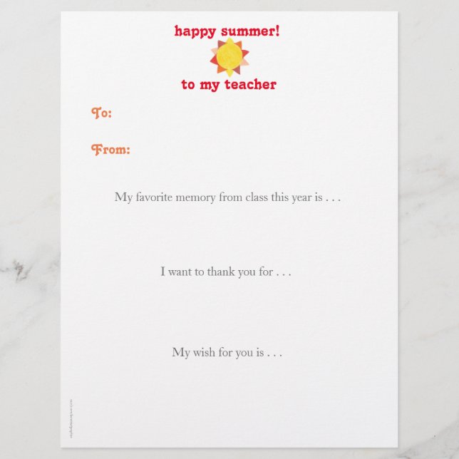 Year-end personalised teacher thank you note - sun (Front)
