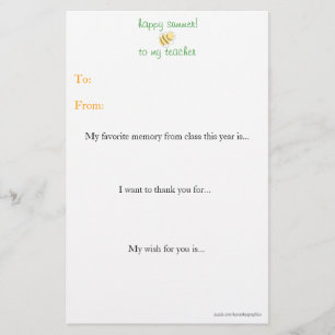 Year-end teacher thank you note stationery