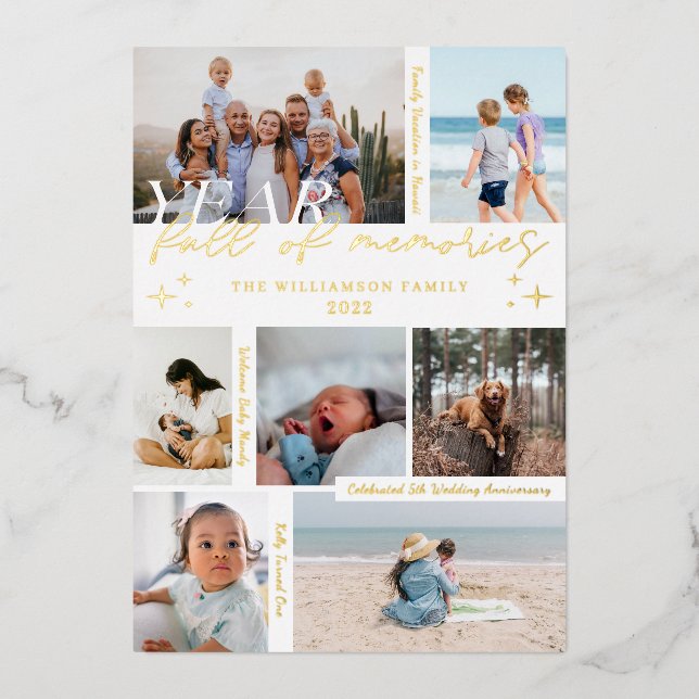 Year Full of Memories Photo Collage & Highlights Foil Holiday Card (Front)