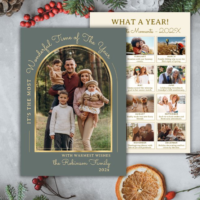 Year in Review Gold Arch 13 Photo Collage Green  Holiday Card (Creator Uploaded)
