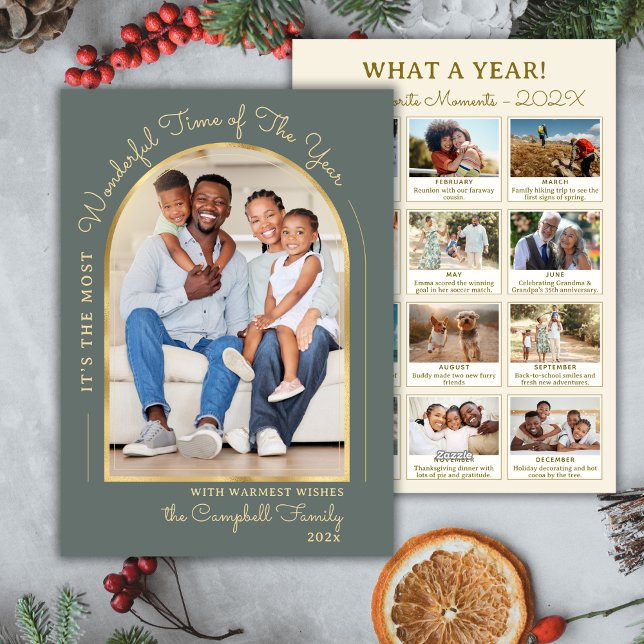 Year in Review Gold Arch 13 Photo Collage Green Holiday Card (Creator Uploaded)