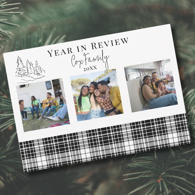 Year in Review Minimalist Black and White Plaid Holiday Card (Year in Review Minimalist Black and White Photo Holiday Card)
