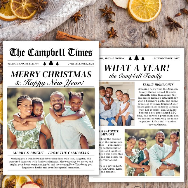 Year in Review Newspaper Happy New Year 3 Photo Holiday Card (Creator Uploaded)