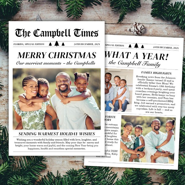 Year in Review Newspaper Unique Christmas 3 Photo Holiday Card (Creator Uploaded)