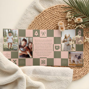Year in Review Retro Chequered Christmas Photos Tri-Fold Holiday Card