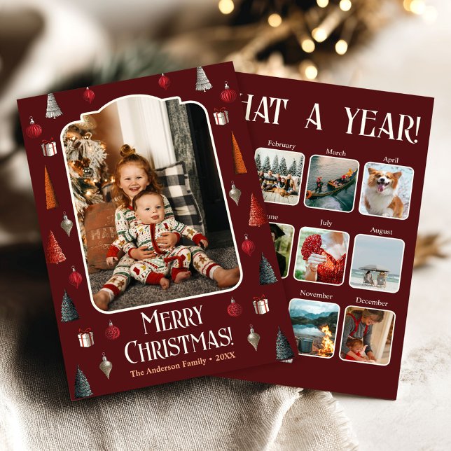 Year In Review What A Year Burgundy  Photo Collage Holiday Card (Creator Uploaded)