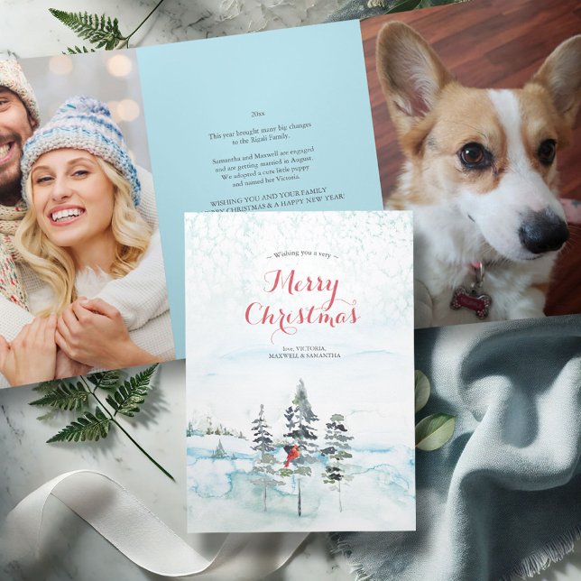Year In Review Wintery Watercolor Christmas Card (Trifold photo Christmas cards year in review watercolor Christmas trees winter Country Scene)