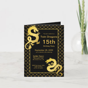 Year of the Dragon Black Gold Twin 15th Birthday Invitation