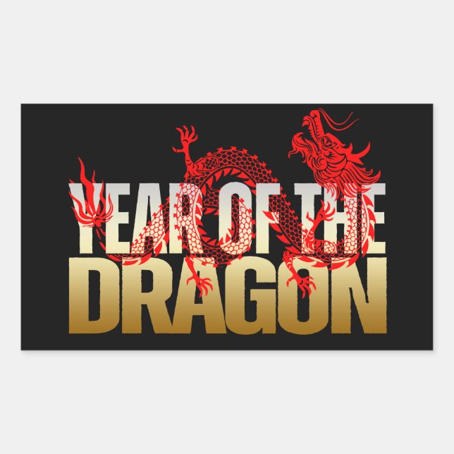 YEAR OF THE DRAGON RED GOLD RECTANGULAR STICKER (Front)