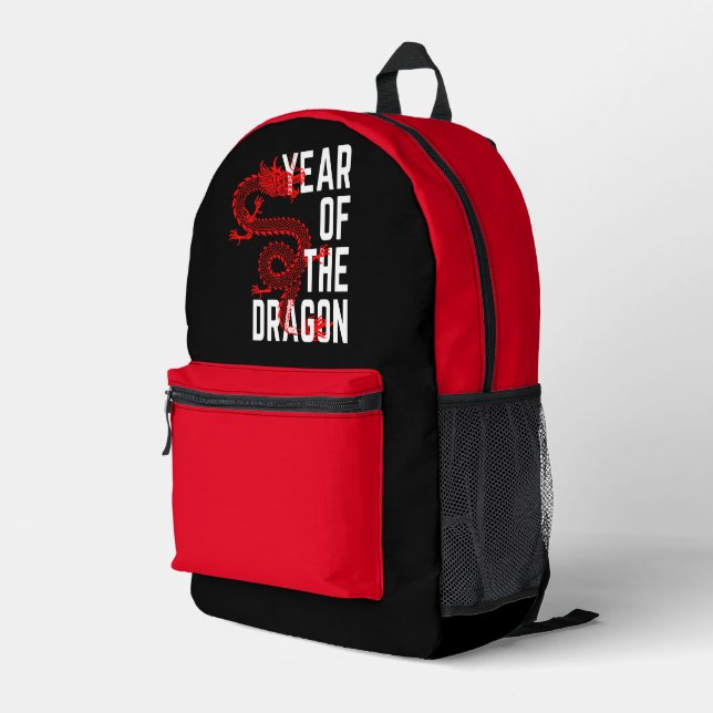 Year of the Dragon red white Printed Backpack (Back Corner Right)