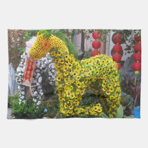 Year of the Horse   春節馬 ... Chinese Flower Topiary Tea Towel