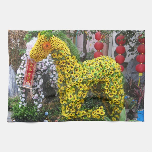 Year of the Horse | 春節馬 ... Chinese Flower Topiary Tea Towel (Horizontal)