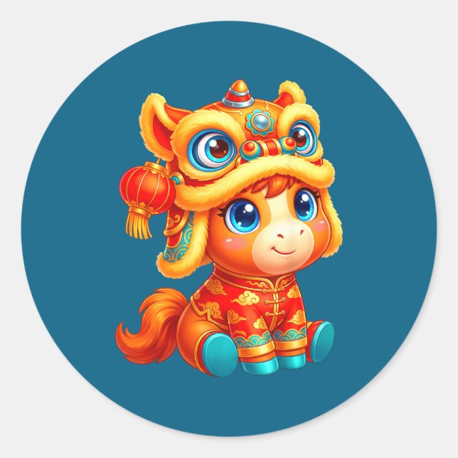 Year Of The Horse 2026 Chinese New Year Lion Dance Classic Round Sticker (Front)