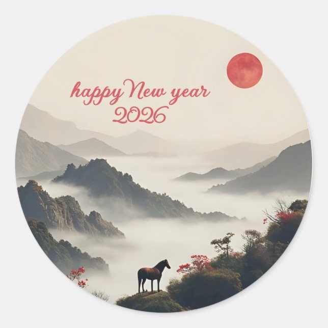 Year of the Horse 2026 Chinese New Year Mountain  Classic Round Sticker (Front)