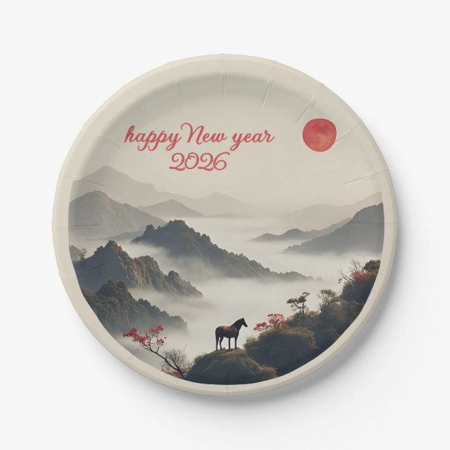 Year of the Horse 2026 Chinese New Year Mountain  Paper Plate (Front)