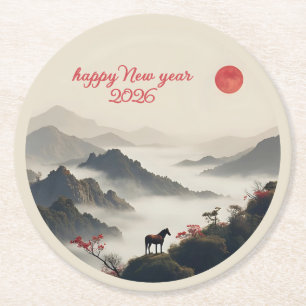 Year of the Horse 2026 Chinese New Year Mountain Round Paper Coaster