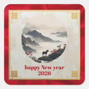 Year of the Horse 2026 Chinese New Year Mountain  Square Sticker
