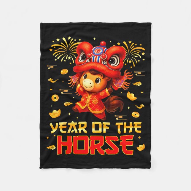 Year Of The Horse Lion Dance Lunar Chinese New Yea Fleece Blanket (Front)
