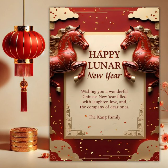 Year of the Horse Red & Gold 2026 Chinese New Year Holiday Card (Year of the Horse 2026 Chinese New Year Card – Red & Gold “Happy Lunar New Year” with Two Horses)