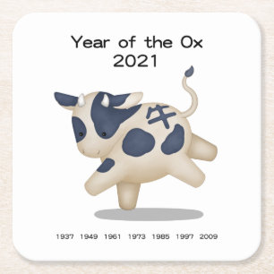 Year of the Ox Cute Zodiac Animal 2021 Square Paper Coaster