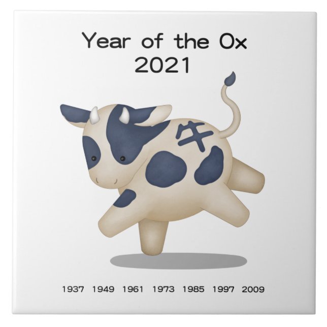 Year of the Ox Cute Zodiac Animal Sign 2021 Tile (Front)