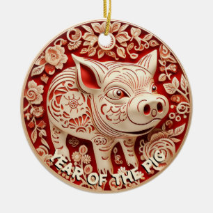 Year of the Pig Red and Gold Chiyogami Ornament