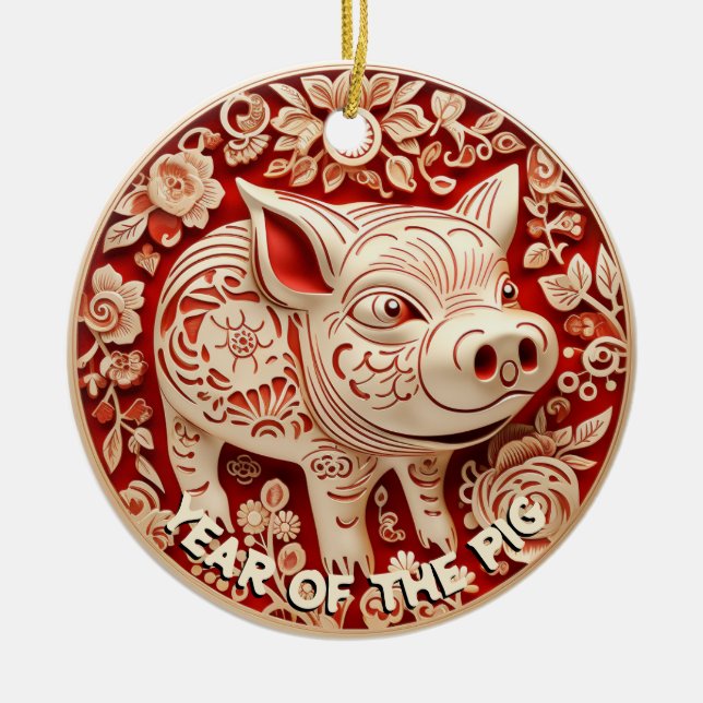 Year of the Pig Red and Gold Chiyogami Ornament (Front)