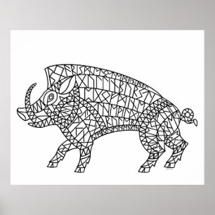 Year of the Pig - Wild Boar with Runes Black Line Poster