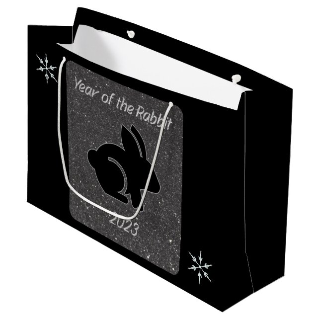 Year of the Rabbit Black Glitter Design Large Gift Bag (Front Angled)