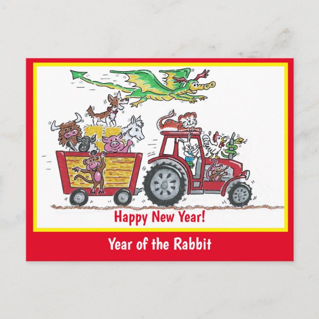 Year of the Rabbit Chinese New Year Tractor Postcard (Front)