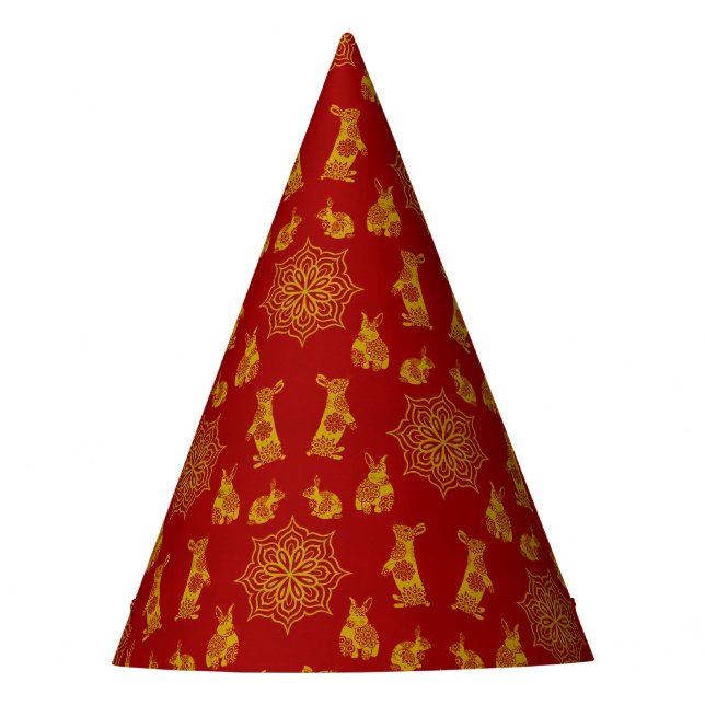 Year of the Rabbit Red and Gold Mandala Pattern Party Hat (Front)