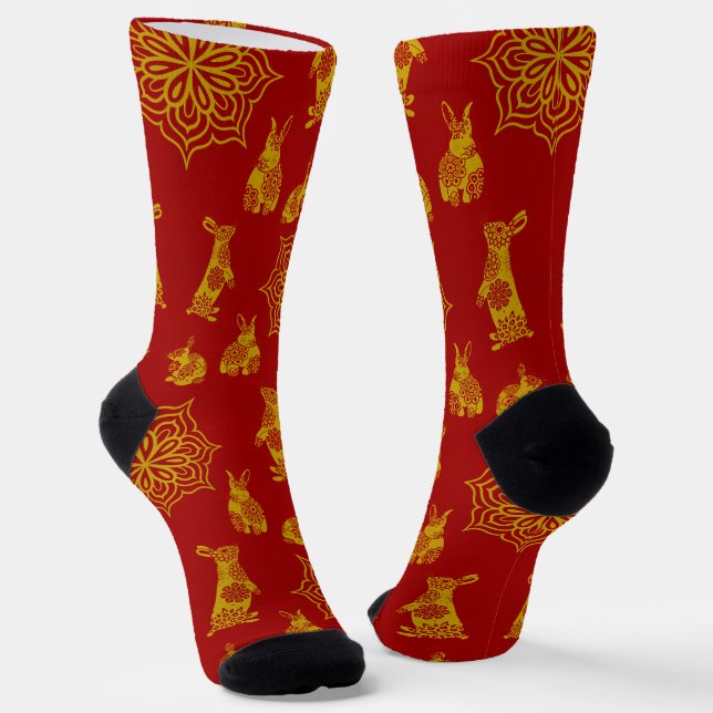 Year of the Rabbit Red and Gold Mandala Pattern Socks (Angled)