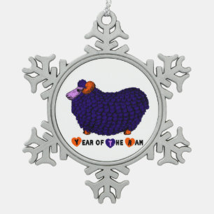 Year of the Ram - Funny Ram in Purple Snowflake Pewter Christmas Ornament