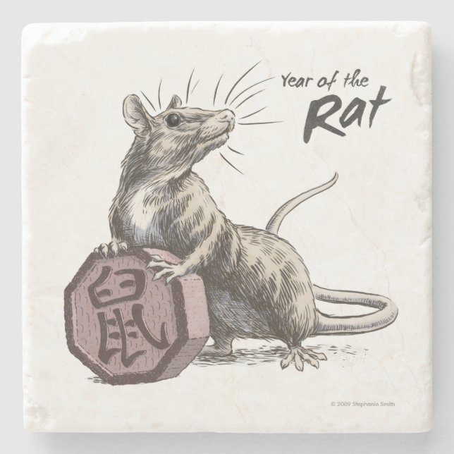 Year of the Rat Chinese Zodiac Animal Art Stone Coaster (Front)