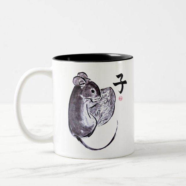 Year of the Rat sumie ink painting Two-Tone Coffee Mug (Left)