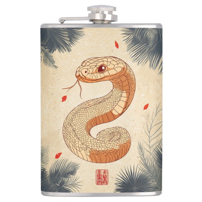 Year of The Snake Majestic Cobra Double Happiness Hip Flask (Front)