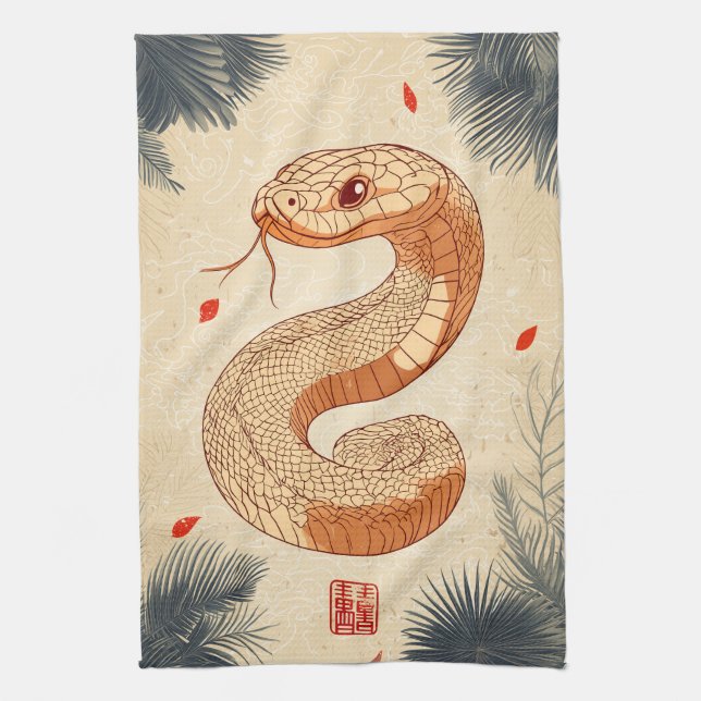 Year of The Snake Majestic Cobra Double Happiness Tea Towel (Vertical)