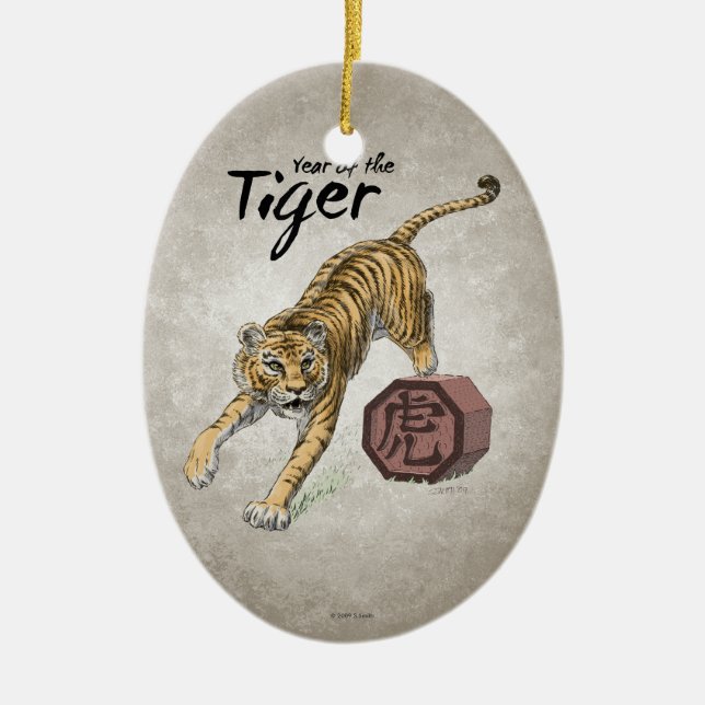 Year of the Tiger Chinese Zodiac Art Ceramic Tree Decoration (Front)