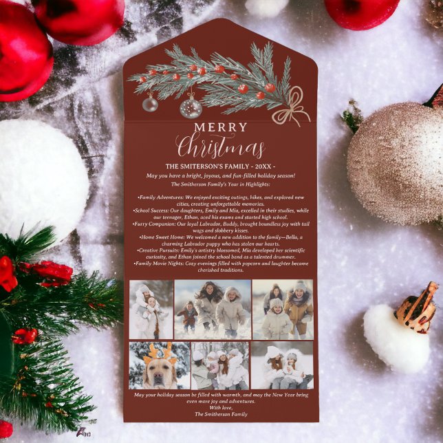 Year review pine red Merry Christmas 6 photos All In One Invitation (Year review pine red Merry Christmas 6 photos All In One Invitation on red)