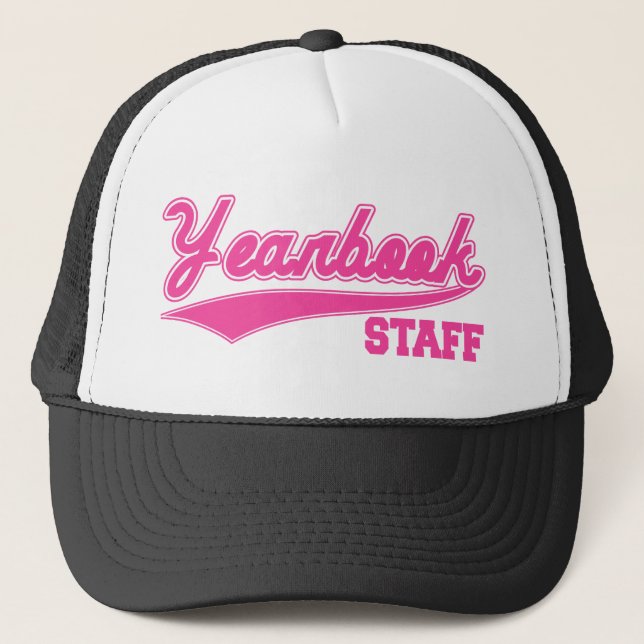 Yearbook Staff (Baseball Script Pink) Trucker Hat (Front)