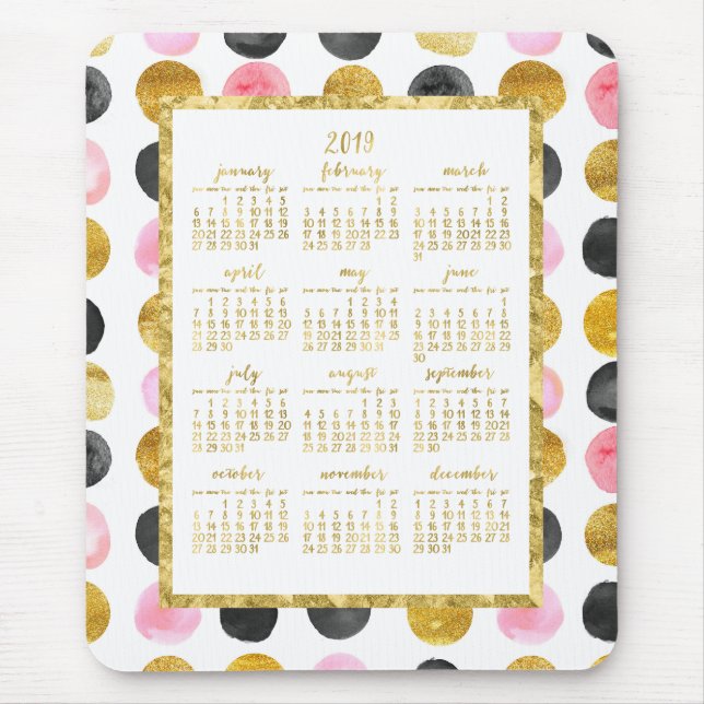 Yearly Calendar 2019 Mousepads Pink And Gold Dots (Front)